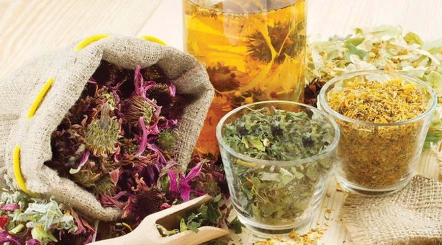 Herbal ingredients, a mortar and pestle